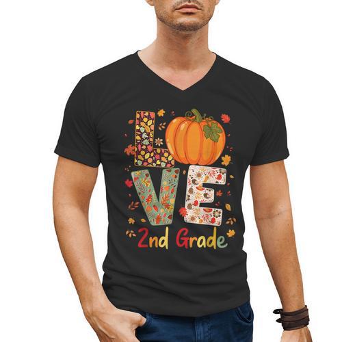 Love 2nd Grade Happy Fall Thanksgiving For 2nd Teacher For Men Women Girls Kids Men's V-Neck T-Shirt - teacherstshirts.com