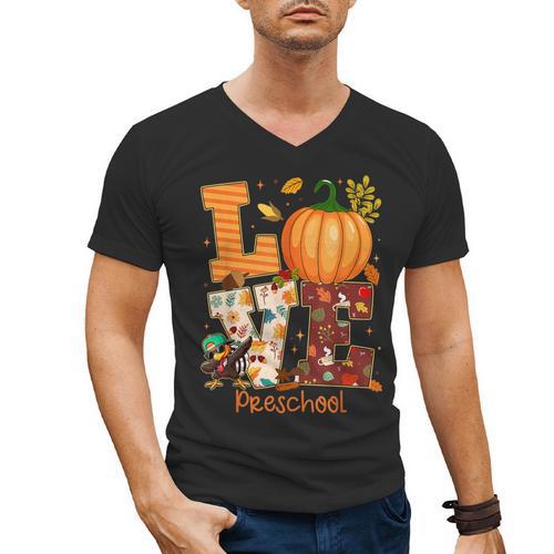 Love Preschool Teacher Turkey Thanksgiving Autumn Fall Men's V-Neck T-Shirt - teacherstshirts.com AU