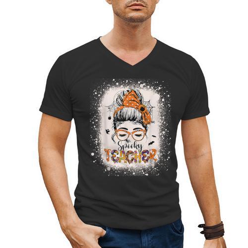 Messy Bun Spooky Teacher Bleached Halloween Teachers Men's V-Neck T-Shirt - teacherstshirts.com AU