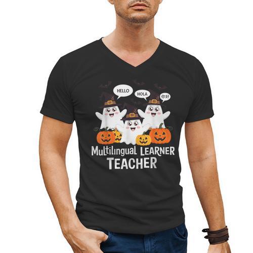 Multilingual Learner Teacher Spooky Halloween ESL Teacher Men's V-Neck T-Shirt - teacherstshirts.com
