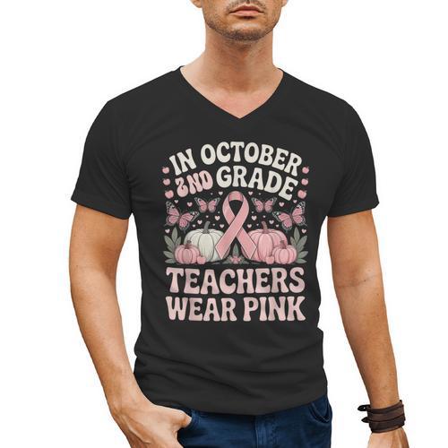 In October 2nd Grade Teachers Wear Pink Ribbon Breast Cancer Men's V-Neck T-Shirt - teacherstshirts.com UK