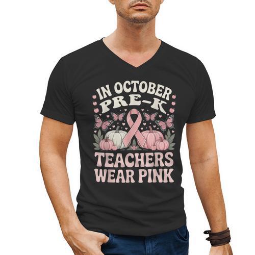 In October Pre-K Teachers Wear Pink Ribbon Breast Cancer Men's V-Neck T-Shirt - teacherstshirts.com UK