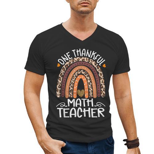 One Thankful Math Teacher Leopard Rainbow Thanksgiving Men's V-Neck T-Shirt - teacherstshirts.com AU