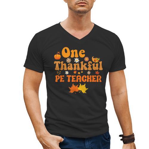 One Thankful PE Teacher Thanksgiving Fall Autumn Groovy Men's V-Neck T-Shirt - teacherstshirts.com AU