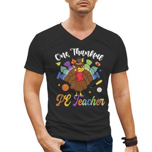 One Thankful PE Teacher Turkey Thanksgiving -Adults & Kids Classic Fit Polyester 100 Short Sleeve Men's V-Neck T-Shirt - teacherstshirts.com UK