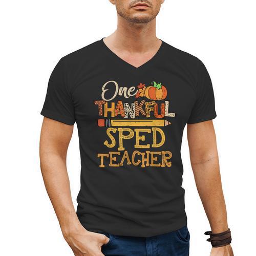 One Thankful Sped Teacher Cute Thanksgiving Women Men's V-Neck T-Shirt - teacherstshirts.com CA