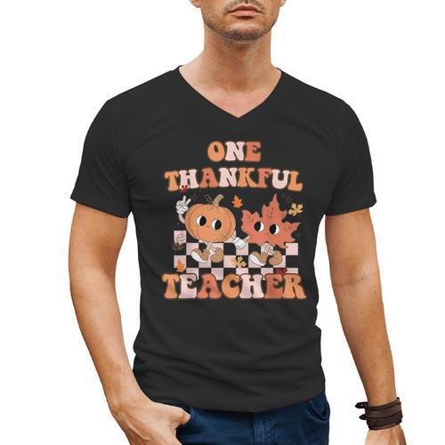 One Thankful Teacher Fall Leaves Thanksgiving Retro Men's V-Neck T-Shirt - teacherstshirts.com