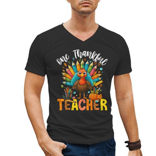 One Thankful Teacher Thanksgiving Turkey Cute Crayon Pencil Men's V-Neck T-Shirt - teacherstshirts.com AU