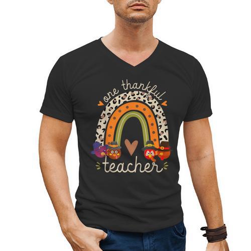 One Thankful Teacher Thanksgiving Turkey Rainbow Fall Men's V-Neck T-Shirt - teacherstshirts.com CA
