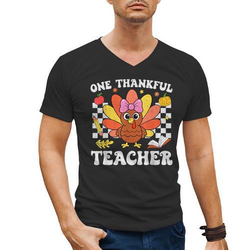 One Thankful Teacher Turkey Thanksgiving Teaching Men's V-Neck T-Shirt - teacherstshirts.com CA
