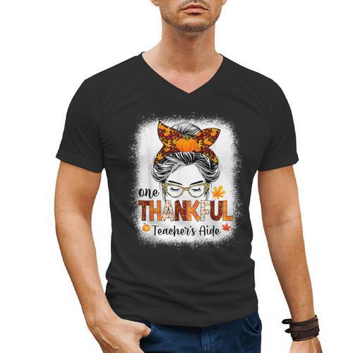One Thankful Teacher's Aide Messy Bun Thanksgiving Fall Men's V-Neck T-Shirt - teacherstshirts.com AU