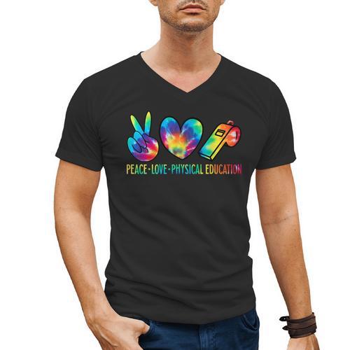 Peace Love Physical Education Tie Dye Sports PE Teacher Men's V-Neck T-Shirt - teacherstshirts.com AU