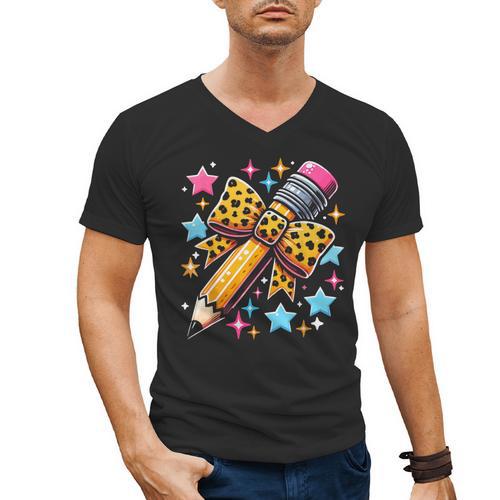 Pencil Leopard Coquette Bow Teacher Life Back To School Men's V-Neck T-Shirt - teacherstshirts.com UK