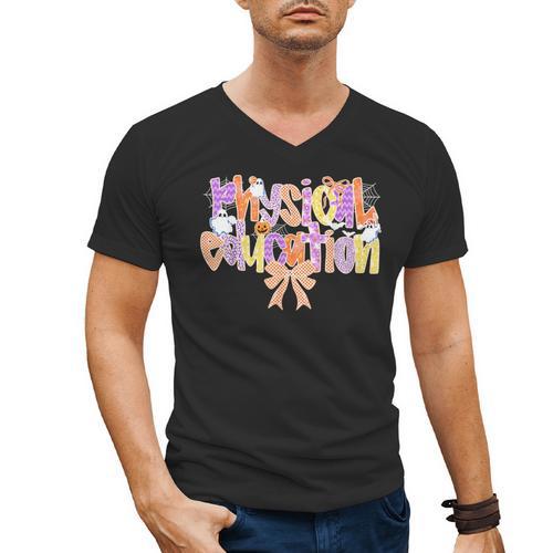 Physical Education Halloween Bow Checkered Teacher Ghost PE Men's V-Neck T-Shirt - teacherstshirts.com CA