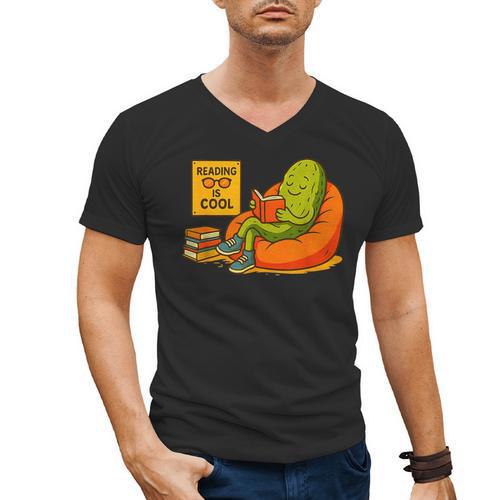 Pickle Reading Books Bookworm Teacher Librarian Kids Retro Men's V-Neck T-Shirt - teacherstshirts.com
