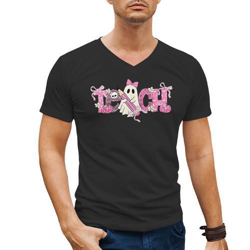 Pink Ghost Teach Halloween Teacher In Spooky Season Men's V-Neck T-Shirt - teacherstshirts.com AU