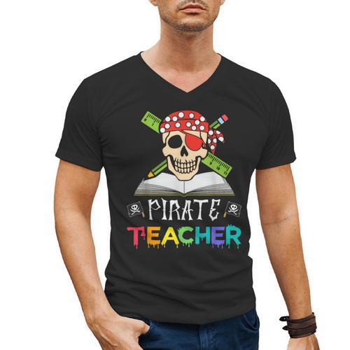 Pirate Teacher Halloween Skull Adult Men's V-Neck T-Shirt - teacherstshirts.com
