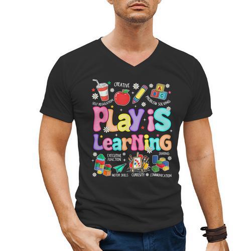 Play Is Learning Educational Teacher Women Men's V-Neck T-Shirt - teacherstshirts.com