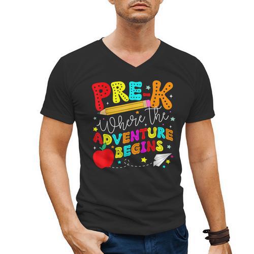 Pre-k Where The Adventure Begins First Day Of Prek Teacher Men's V-Neck T-Shirt - teacherstshirts.com