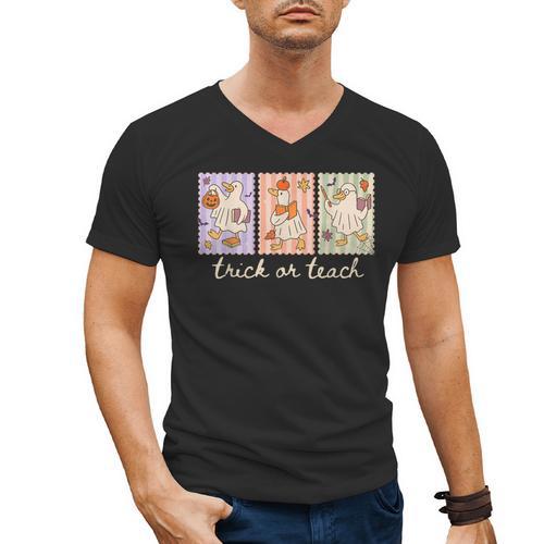 Preppy Goose Teacher Trick Or Teach Halloween Teacher Goose Men's V-Neck T-Shirt - teacherstshirts.com AU