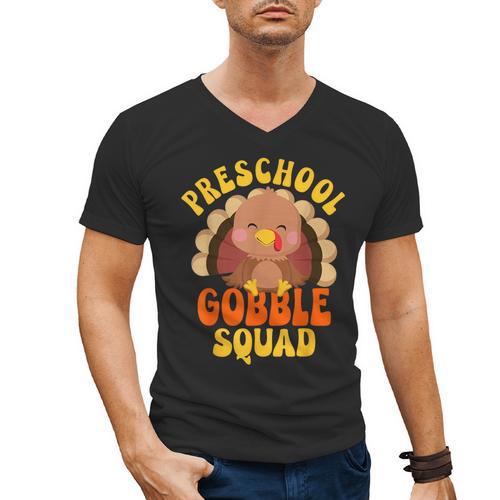 Preschool Gobble Squad Cute Turkey Thanksgiving Teacher Men's V-Neck T-Shirt - teacherstshirts.com AU