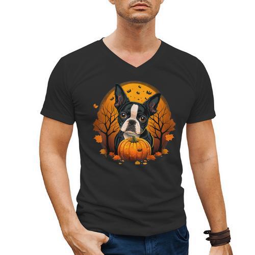 Pumpkin Boston Terrier Costume On Boston Terrier Halloween Men's V-Neck T-Shirt - Bostonterriersmerch.com AU