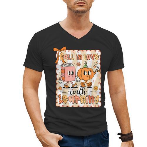 Pumpkin Teacher Preppy Fall In Love With Learning Autumn Men's V-Neck T-Shirt - teacherstshirts.com AU