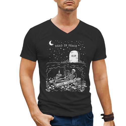 Read In Peace Skeleton Halloween Book Reading Spooky Teacher Men's V-Neck T-Shirt - teacherstshirts.com CA