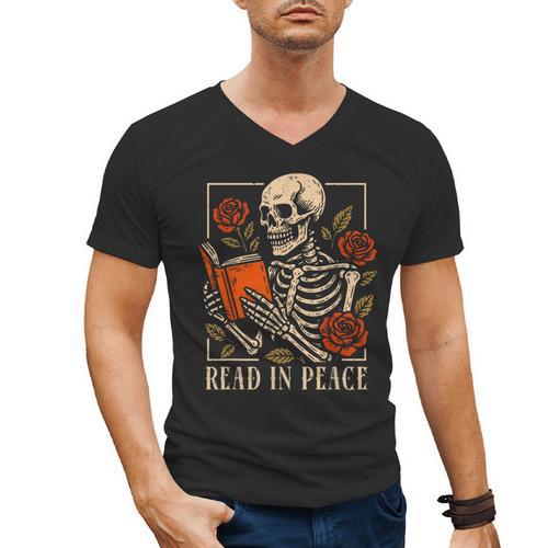 Read In Peace Skeleton Reading Book Halloween Teacher Men's V-Neck T-Shirt - teacherstshirts.com AU