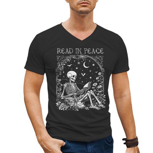 Read In Peace Skeleton Reading Teacher Spooky Halloween Men's V-Neck T-Shirt - teacherstshirts.com AU
