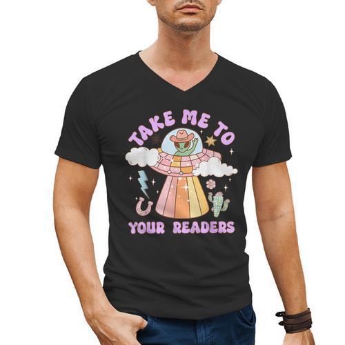 Take Me To Your Readers Alien Teacher Halloween Literacy Men's V-Neck T-Shirt - teacherstshirts.com AU