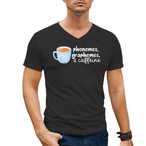 Reading Interventionist Specialist Teacher Phonemes Graphemes And Caffeine Reading Intervention -Adults Classic Fit Short Sleeve Men's V-Neck T-Shirt - teacherstshirts.com UK