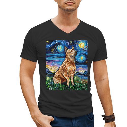 Red Heeler Starry Night Cattle Dog Colorful Art By Aja For Men Women Girls Kids Men's V-Neck T-Shirt - Bostonterriersmerch.com