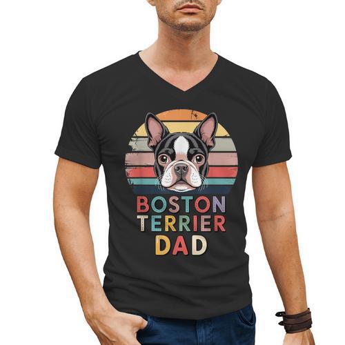 Retro Boston Terrier Dad Men's V-Neck T-Shirt - Bostonterriersmerch.com