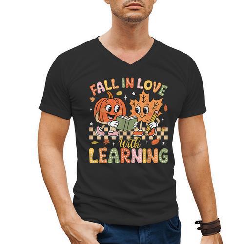 Retro Fall In Love With Learning Autumn Pumpkin Teacher Kids Men's V-Neck T-Shirt - teacherstshirts.com AU