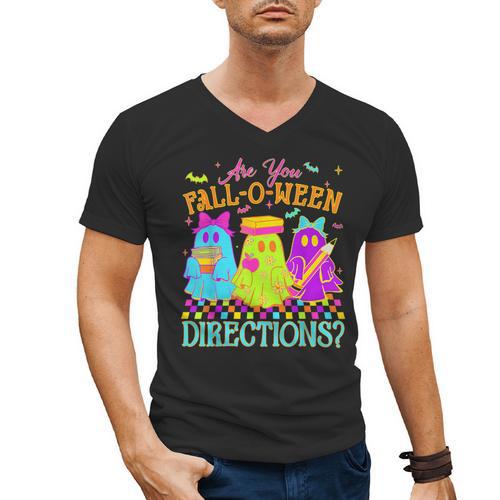 Retro Are You Falloween Direction Teacher Spooky Halloween Men's V-Neck T-Shirt - teacherstshirts.com AU