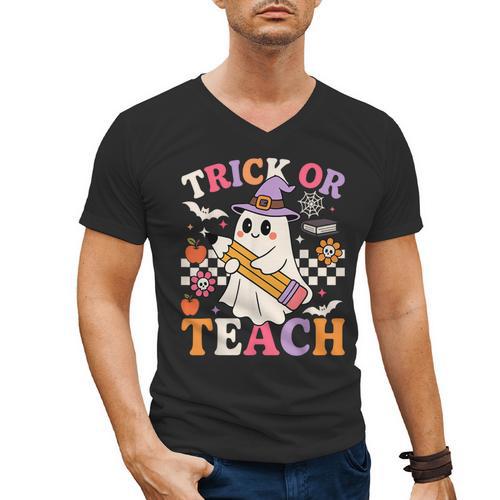Retro Floral Ghost Trick Or Teach Groovy Teacher Halloween Men's V-Neck T-Shirt - teacherstshirts.com UK