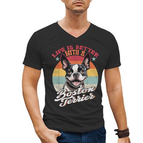 Retro Life Is Better With Boston Terrier Mom Dog Lover Men's V-Neck T-Shirt - Bostonterriersmerch.com