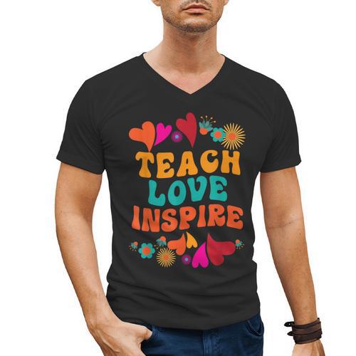 Retro Teach Love Inspire Back To School Teachers Men's V-Neck T-Shirt - teacherstshirts.com CA
