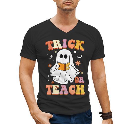Retro Vintage Groovy Trick Or Teach Teacher Halloween For Men Women Kids Men's V-Neck T-Shirt - teacherstshirts.com