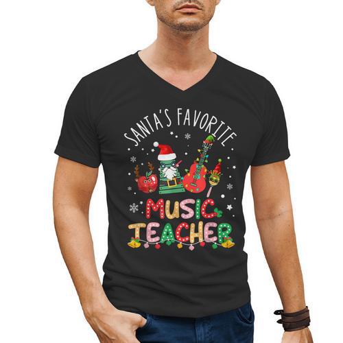 Santa's Favorite Music Teacher Christmas Santa Hat Matching Men's V-Neck T-Shirt - teacherstshirts.com