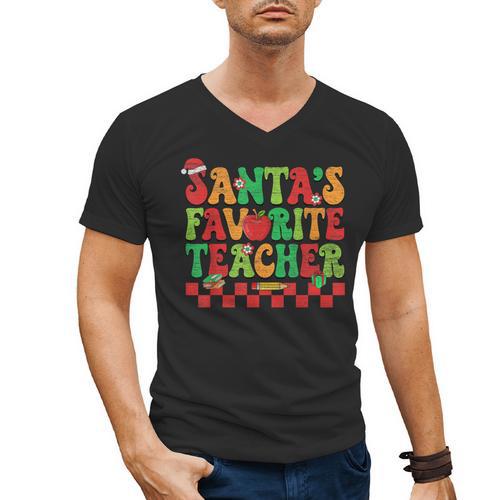 Santas Favorite Teacher Retro Groovy Christmas Xmas Women Men's V-Neck T-Shirt - teacherstshirts.com DE