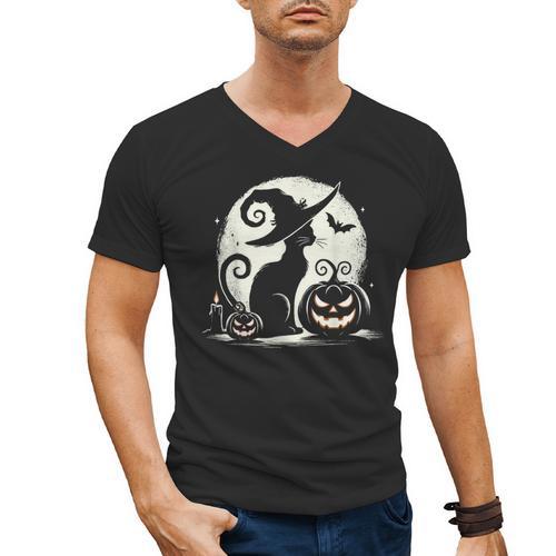 Scary Halloween Cat Costume Retro Cat Moon For Men Women Kids Men's V-Neck T-Shirt - Bostonterriersmerch.com