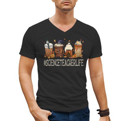 Science Teacher Horror Fall Coffee Halloween Pumpkin Autumn Men's V-Neck T-Shirt - teacherstshirts.com AU