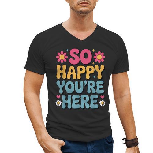 So Happy You’Re Here Groovy Retro Positivity Women Teacher Men's V-Neck T-Shirt - teacherstshirts.com