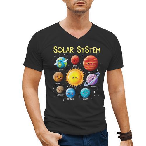 Solar System Cute Face Planets Space Science Teacher School Men's V-Neck T-Shirt - teacherstshirts.com AU