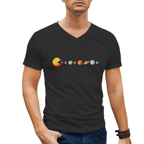 Solar System Teacher Video Games Sun Eating Planets Men's V-Neck T-Shirt - teacherstshirts.com
