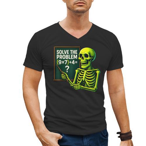 Solve The Problem Skeleton Teacher Halloween Math Six Seven Men's V-Neck T-Shirt - teacherstshirts.com