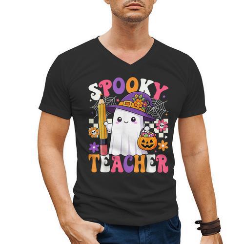 Spooky Teacher Ghost Pencil Teach Halloween Teacher Men's V-Neck T-Shirt - teacherstshirts.com