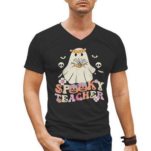 Spooky Teacher Groovy Retro Ghost Teacher Halloween 2023 For Men Women Kids Men's V-Neck T-Shirt - teacherstshirts.com UK